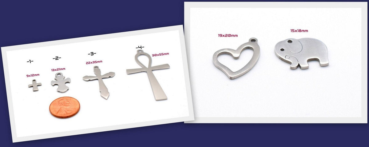 Charm For Jewelry Stainless Steel Charms, Heart, Elephant, Cross & Ankh (Unisex, Durable Metal)