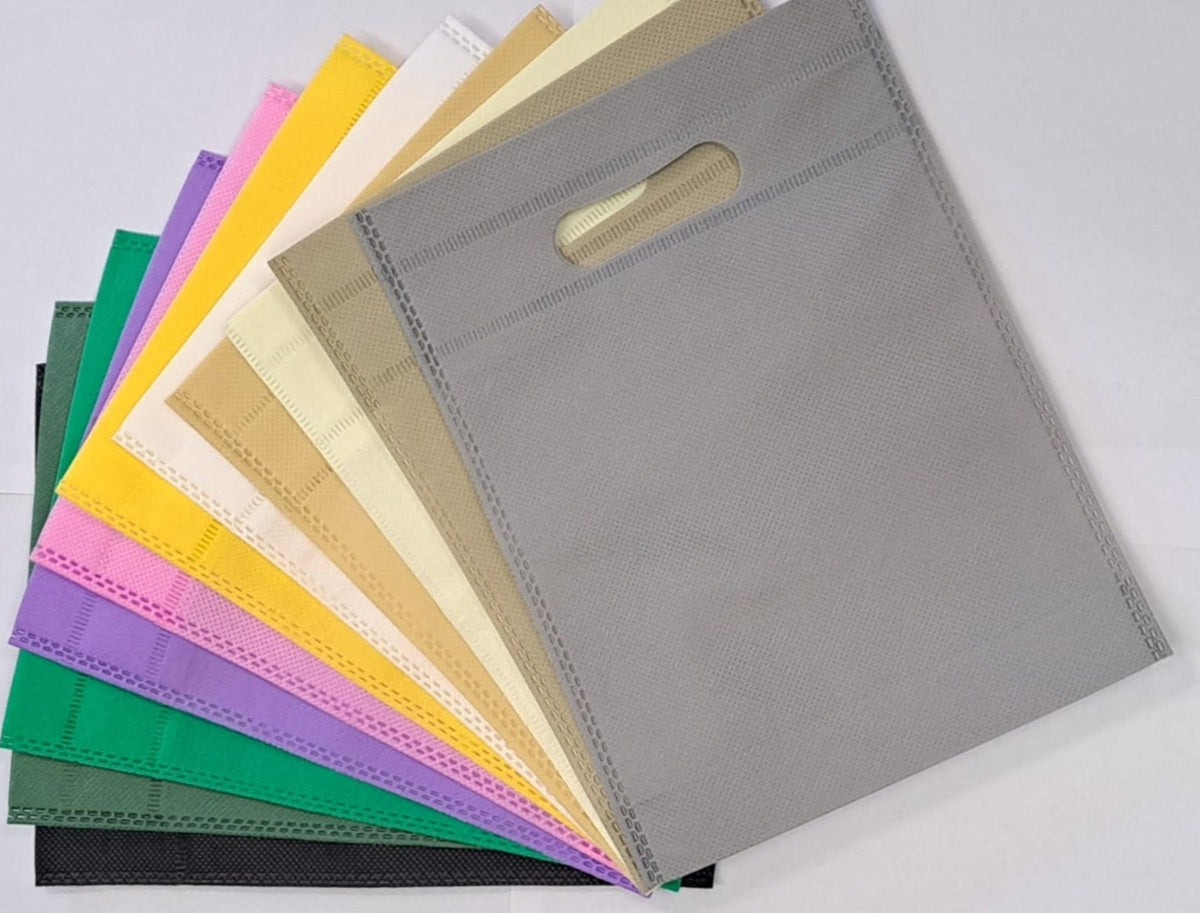 Beige Logo Bags Non Woven Totes: Reusable Multicolor Gift Bags for Weddings and Parties (12 PCs, 8x10.5 Inches, Customizable)