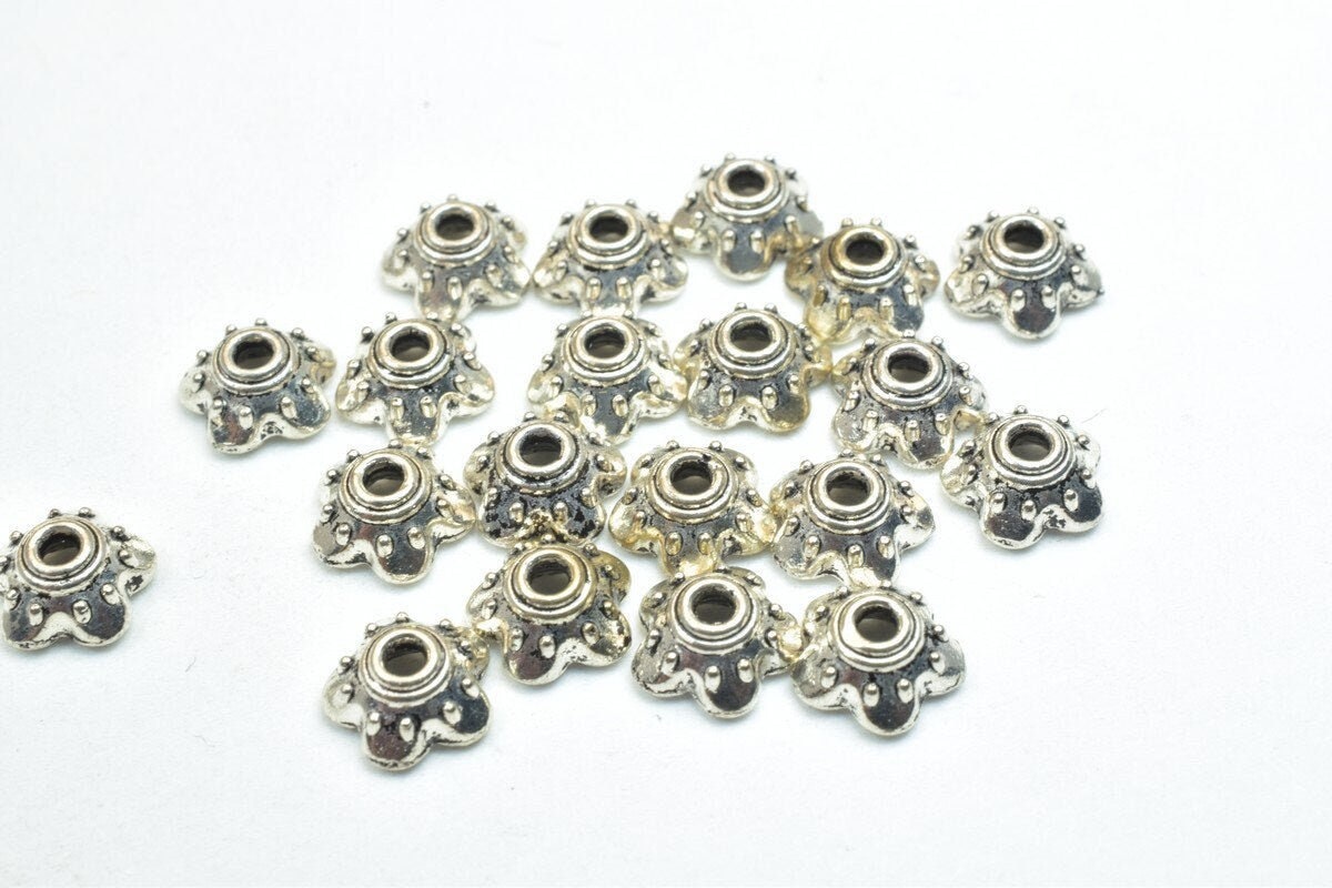 Flower Beads Caps: Antique Silver Finish - 7mm Size, 1mm Hole, Metal Alloy for Jewelry Making
