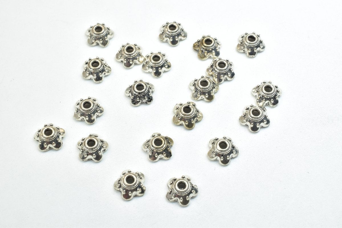 Flower Beads Caps: Antique Silver Finish - 7mm Size, 1mm Hole, Metal Alloy for Jewelry Making