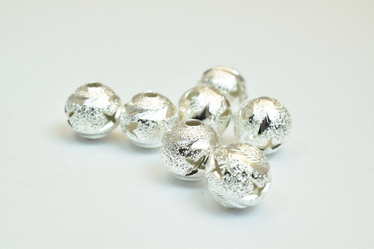 100 PCs Silver Plated Carved Round Beads 8mm Diamond Cut jewelry making supplies - detail image 3