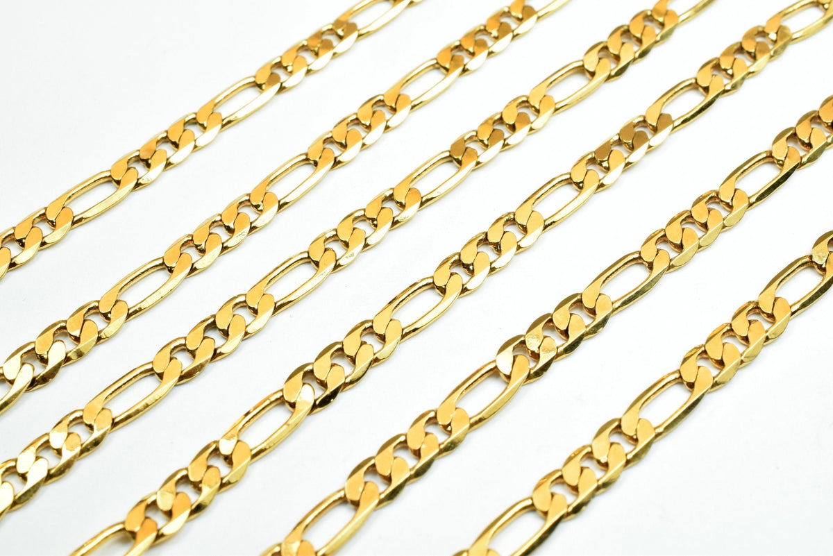 Figaro Chain 1mm Electroplated Gold, Jewelry Supply, Thin Cable Style (6.5-7mm Width, 18K Gold Tone Copper)