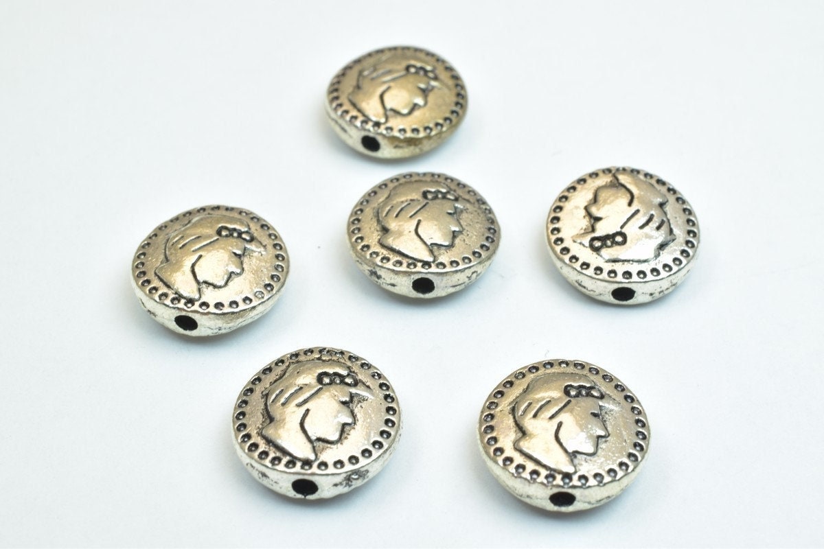 12 PCs Princess Face Connector Charm Silver Alloy Metal Beads Round 12mm Thickness 4.5mm Hole Size 1mm Decorative Design F...