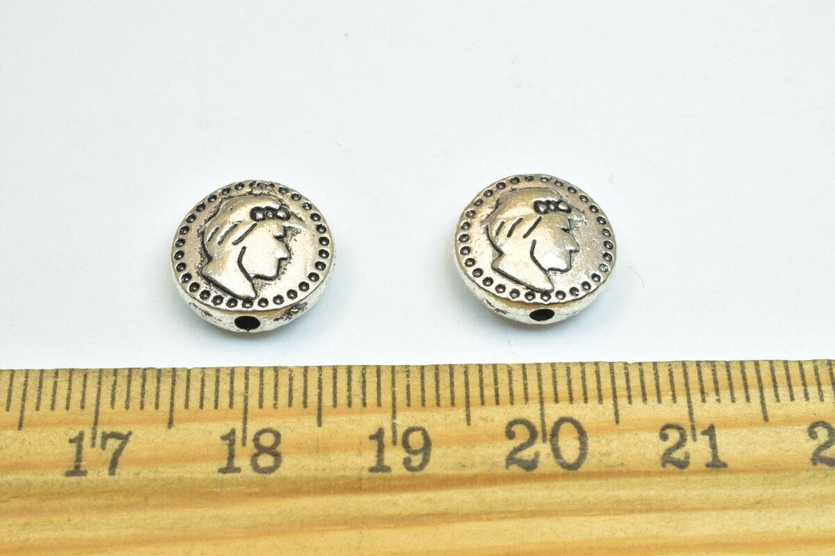 12 PCs Princess Face Connector Charm Silver Alloy Metal Beads Round 12mm Thickness 4.5mm Hole Size 1mm Decorative Design F...