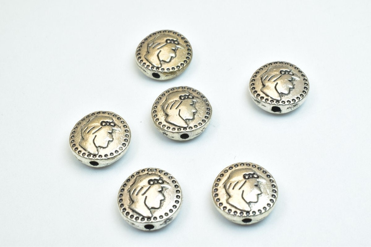 12 PCs Princess Face Connector Charm Silver Alloy Metal Beads Round 12mm Thickness 4.5mm Hole Size 1mm Decorative Design F...