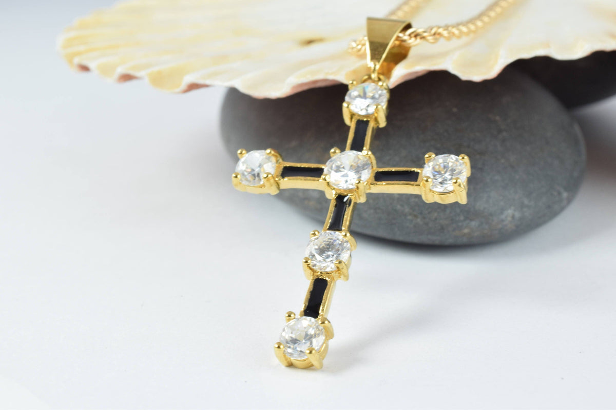 18K as Gold Filled* Black Cross Pendant With Rhinestone CZ Cubic Zirconia Size 42x38mm Christian Religious Charm For Jewel...