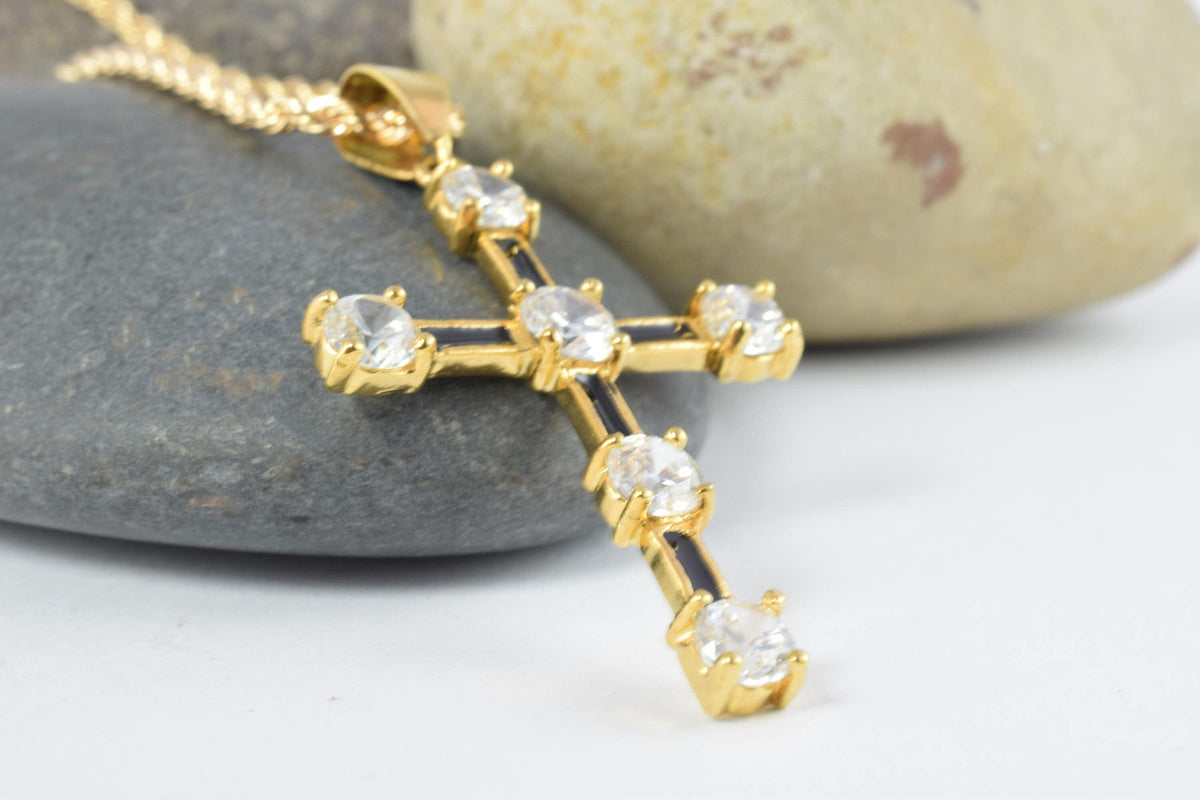 18K as Gold Filled* Black Cross Pendant With Rhinestone CZ Cubic Zirconia Size 42x38mm Christian Religious Charm For Jewel...