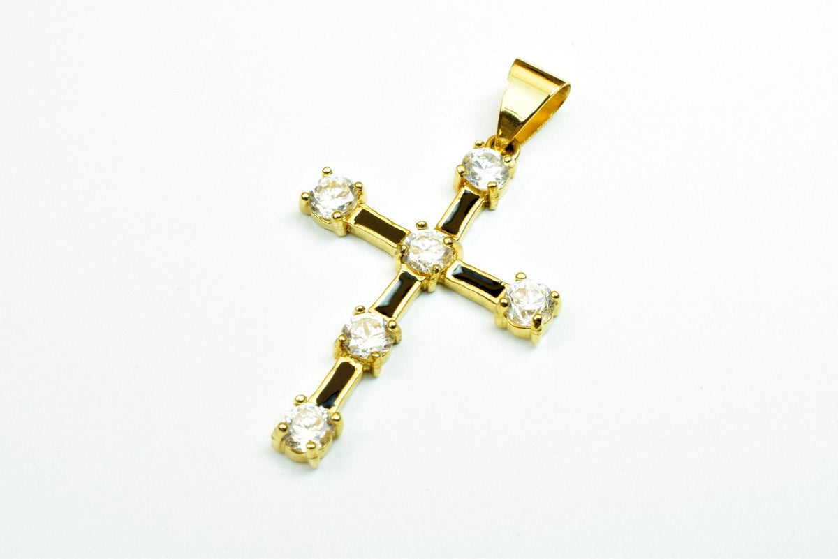 18K as Gold Filled* Black Cross Pendant With Rhinestone CZ Cubic Zirconia Size 42x38mm Christian Religious Charm For Jewel...