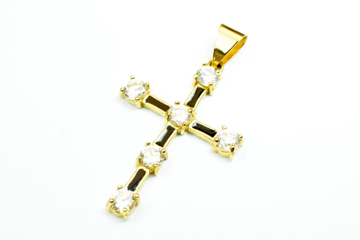 18K as Gold Filled* Black Cross Pendant With Rhinestone CZ Cubic Zirconia Size 42x38mm Christian Religious Charm For Jewel...