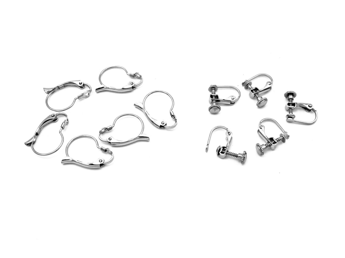 Earring Lever Back Screw Hook Set, Silver Tone Stainless Steel (12 PCs, 13x18mm & 13x13mm, Non Tarnish, DIY Jewelry Making)