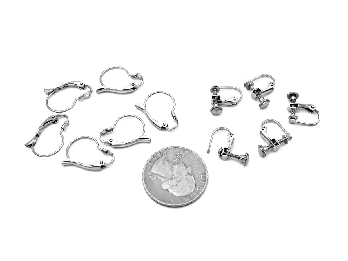Earring Lever Back Screw Hook Set, Silver Tone Stainless Steel (12 PCs, 13x18mm & 13x13mm, Non Tarnish, DIY Jewelry Making)