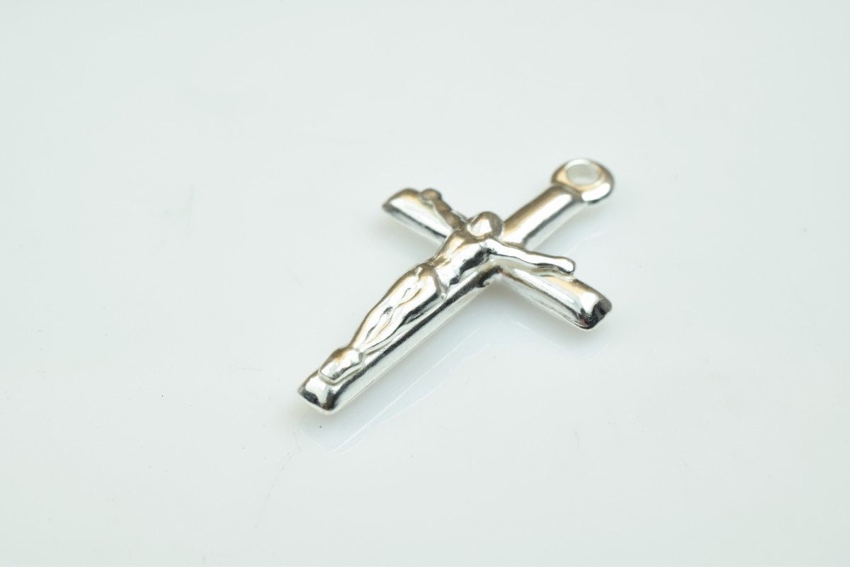 Cross Charm 925 Sterling Silver - Christian Pendant Bead - Large Hole Spacer, Jewelry Connector, 25x15mm