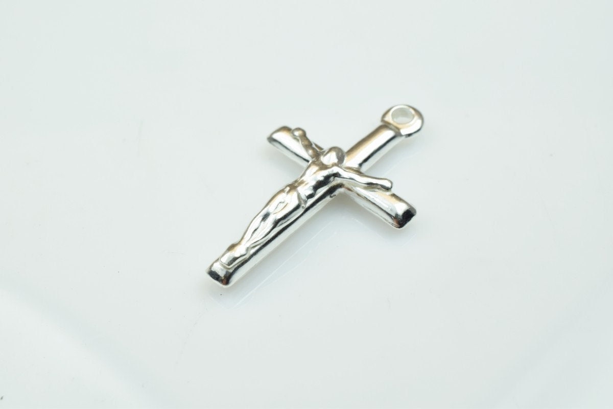 Cross Charm 925 Sterling Silver - Christian Pendant Bead - Large Hole Spacer, Jewelry Connector, 25x15mm