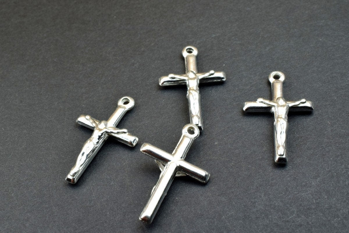 Cross Charm 925 Sterling Silver - Christian Pendant Bead - Large Hole Spacer, Jewelry Connector, 25x15mm
