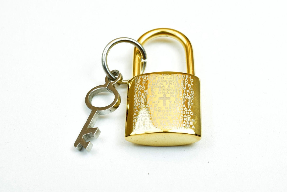 18K Gold Filled Locket Stainless Steel Pendant With a Lock Key With Jesus Prayer in Spanish White Gold Filled Charm For Je...
