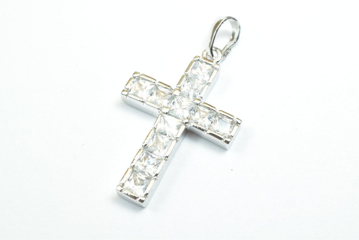 White Gold Filled Cross Pendant: Clear Cubic Zirconia Charm, Rhodium Plated Finish (26x17mm, Tarnish Resistant)