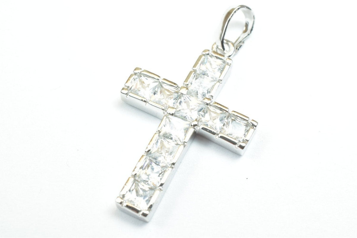 White Gold Filled Cross Pendant: Clear Cubic Zirconia Charm, Rhodium Plated Finish (26x17mm, Tarnish Resistant)