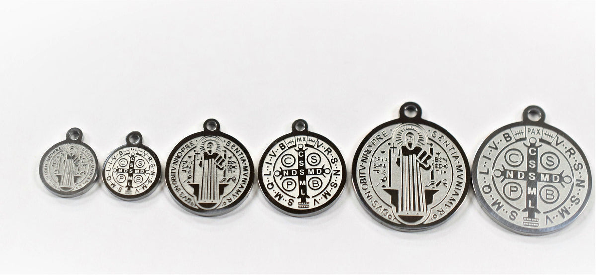 Saint Benito Charm Stainless Steel Pendant, Polished Finish (10mm-20mm Sizes, Christian Baptism Jewelry, Gift for Her Faith)