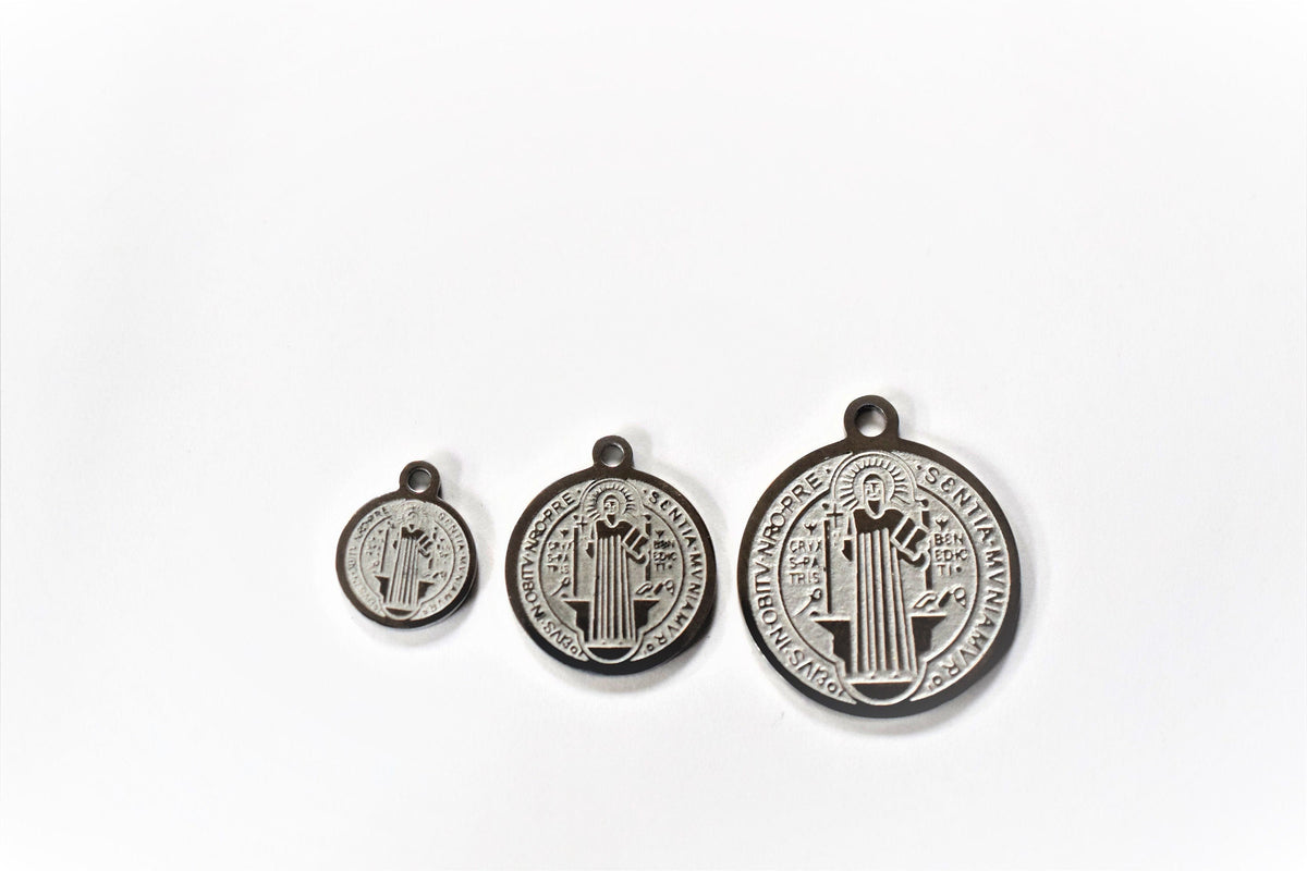 Saint Benito Charm Stainless Steel Pendant, Polished Finish (10mm-20mm Sizes, Christian Baptism Jewelry, Gift for Her Faith)