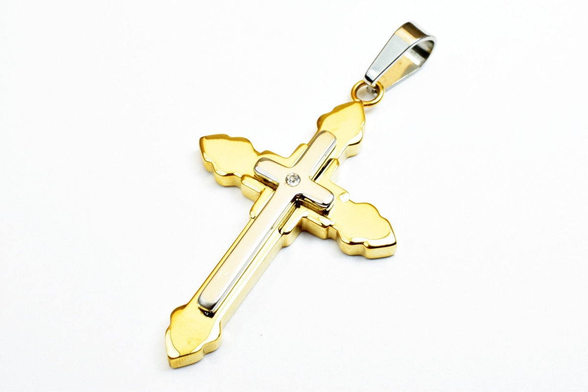 18K Gold Filled Cross Pendant: Mixed Metal Religious Jewelry, Clear CZ Accent (52x32mm, Stainless Steel, Bail 12x4mm)