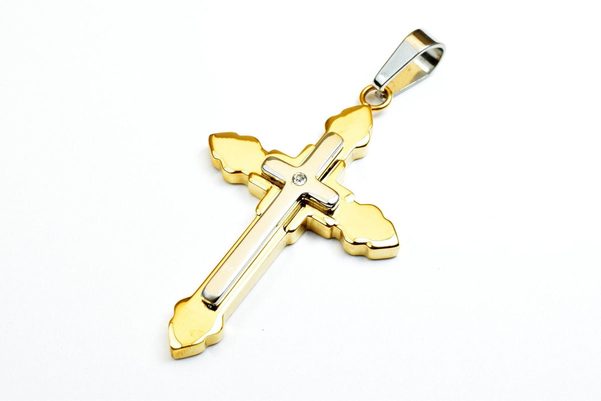 18K Gold Filled Cross Pendant: Mixed Metal Religious Jewelry, Clear CZ Accent (52x32mm, Stainless Steel, Bail 12x4mm)
