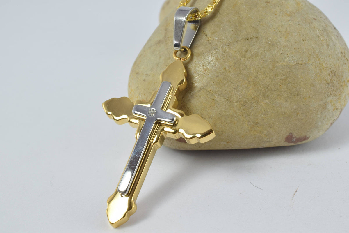 18K Gold Filled Cross Pendant: Mixed Metal Religious Jewelry, Clear CZ Accent (52x32mm, Stainless Steel, Bail 12x4mm)