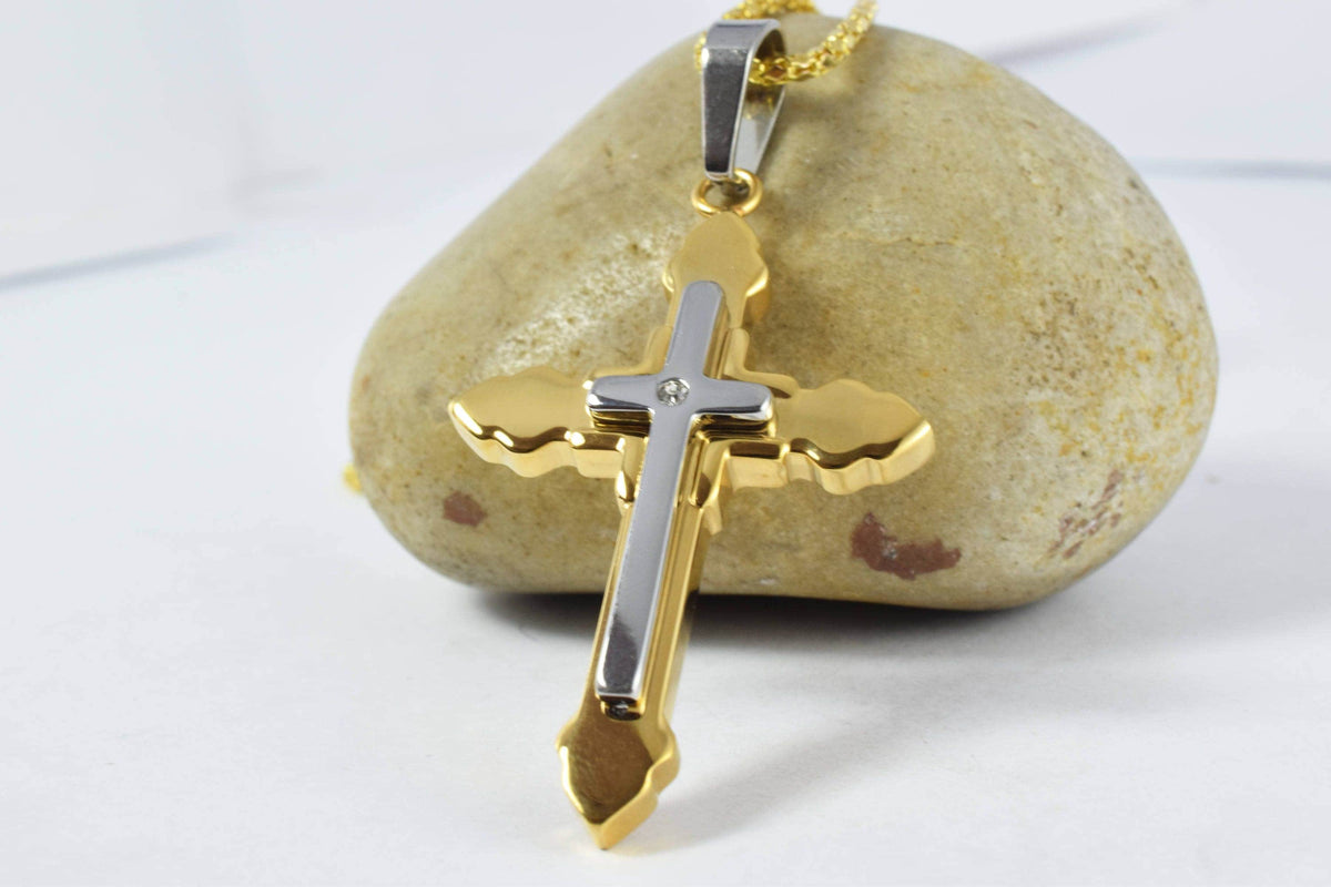 18K Gold Filled Cross Pendant: Mixed Metal Religious Jewelry, Clear CZ Accent (52x32mm, Stainless Steel, Bail 12x4mm)