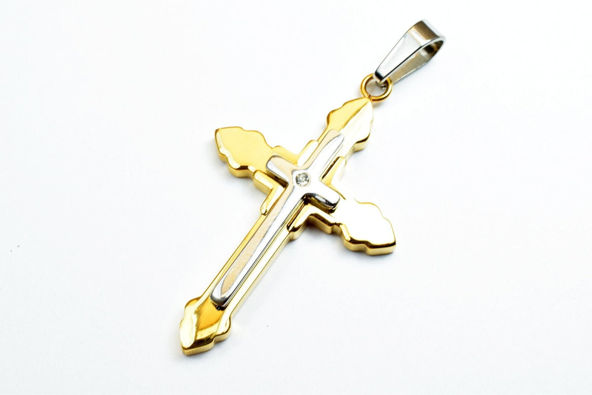 18K Gold Filled Cross Pendant: Mixed Metal Religious Jewelry, Clear CZ Accent (52x32mm, Stainless Steel, Bail 12x4mm)