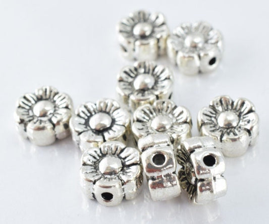 11m Floral Shaped Antique Silver Metal Alloy Charm Pendant Beads, 1mm hole opening, Sold by 10 pcs, 13grams/pk, 4mm Bead T...