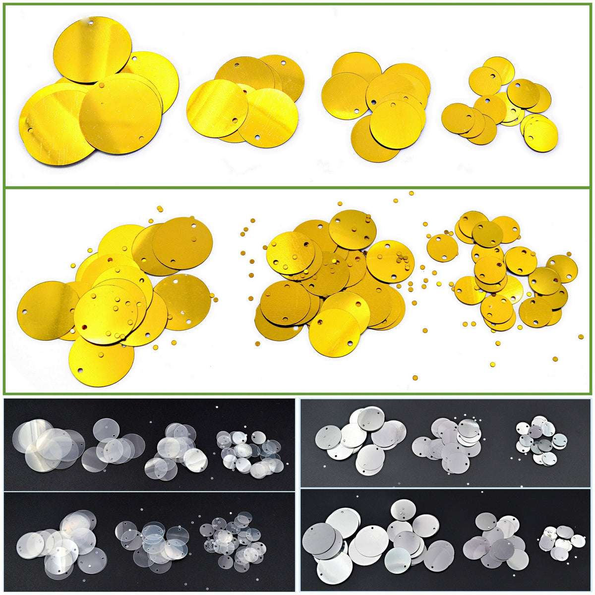 Flat Round Loose Sequins - Clear Silver Chrome Gold, Two Hole Discs - Shimmering Shoe & Clothing Decor, Bulk Craft Materials