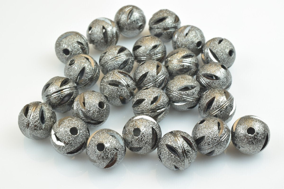 100 PCs Gun Metal Plated Black Carved Round Beads 6mm/8mm/10mm Diamond Cut For Jewelry Making jewelry making supplies - de...