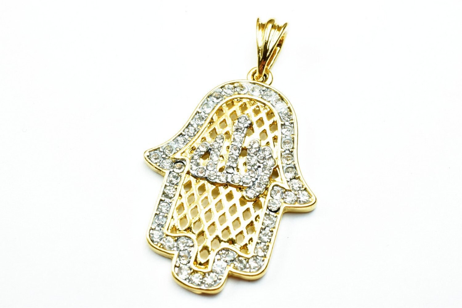 18K Hamsa Allah اللهas Gold Filled* Pendant Size 38x27mm Pendant With Rhinestone CZ Cubic Zirconia Pendant For Jewelry Pen...