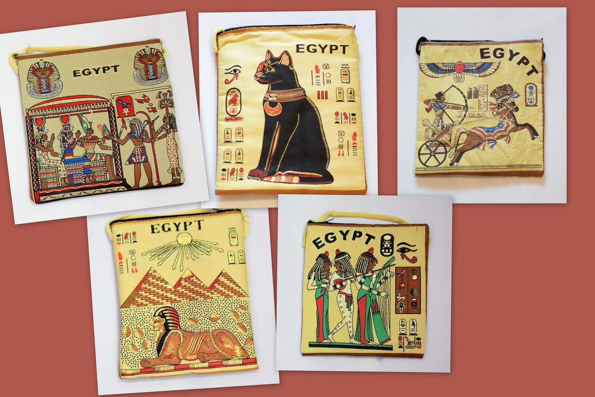 Egyptian Fabric Bags - Hieroglyphic Art Tote - Lightweight Cotton, Double Sided Print, 7x8 Inches, Gift Idea