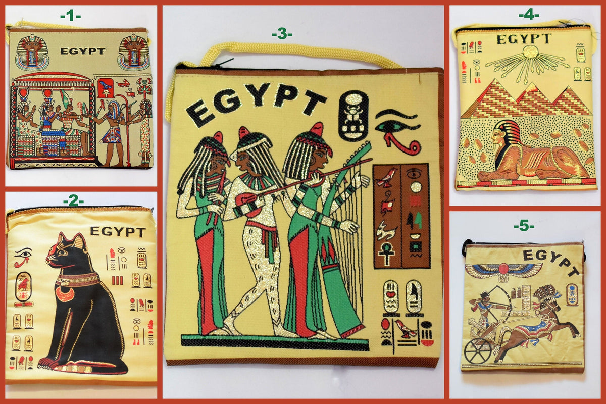 Egyptian Fabric Bags - Hieroglyphic Art Tote - Lightweight Cotton, Double Sided Print, 7x8 Inches, Gift Idea