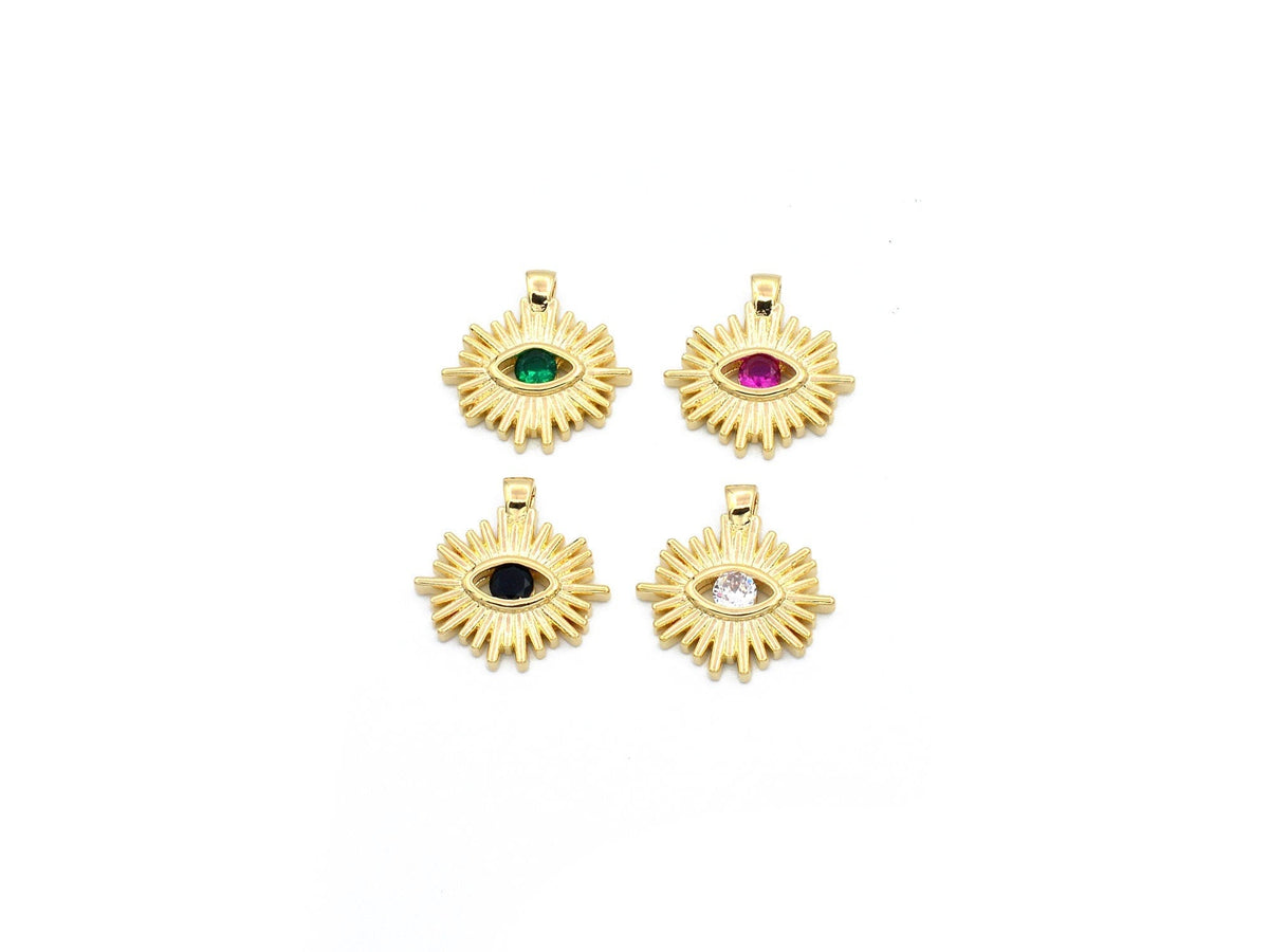 Evil Eye Sun Pendant 14K Gold Filled Look, Multicolor CZ Stones (16mm, Tarnish Resistant, Copper Base Metal Charm)