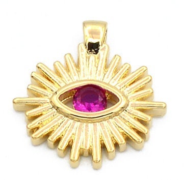 Evil Eye Sun Pendant 14K Gold Filled Look, Multicolor CZ Stones (16mm, Tarnish Resistant, Copper Base Metal Charm)