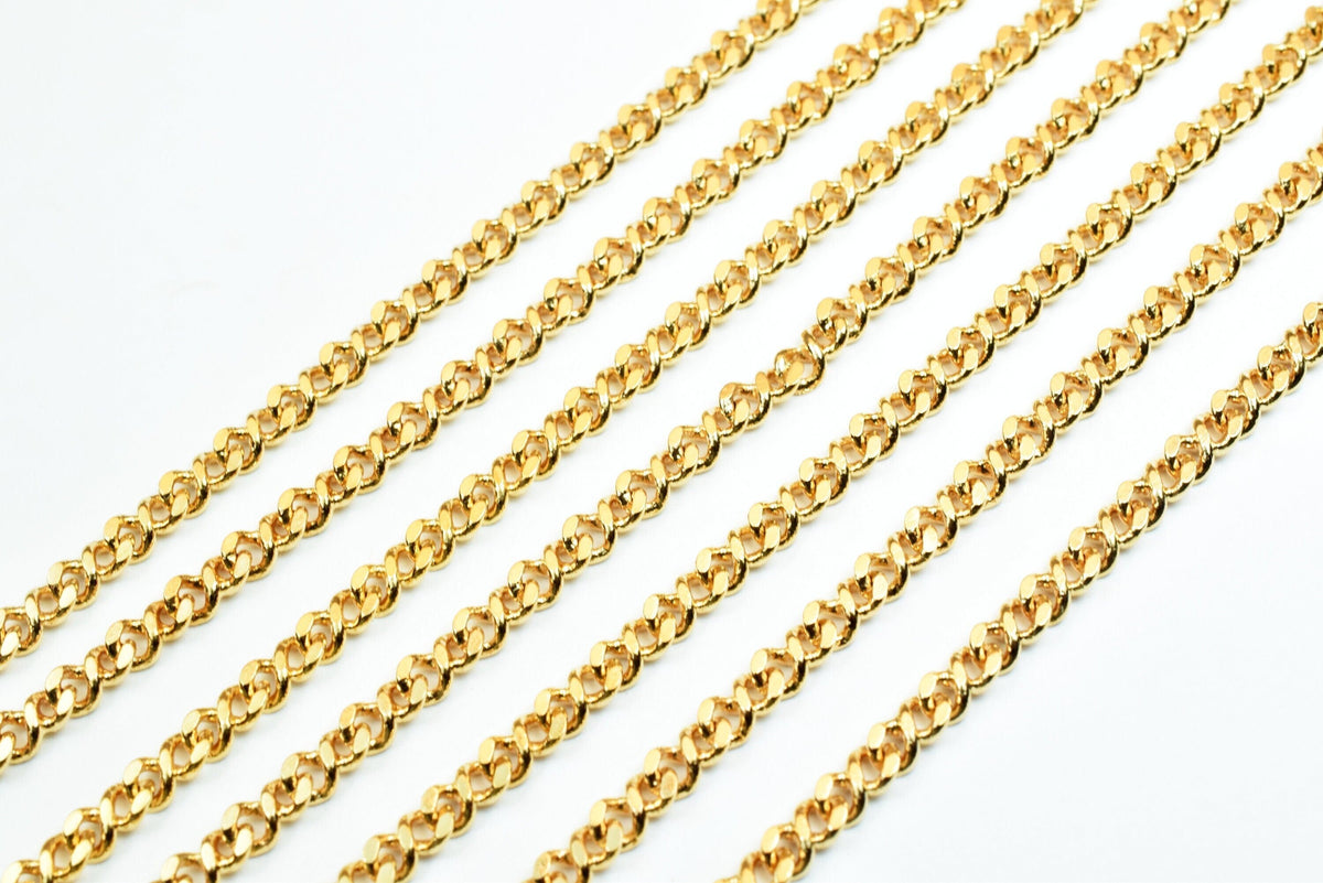 3mm Gold Plated Curb Chain: Electroplated Jewelry Making Supply, Tarnish Resistant Finish (18K Gold Filled Copper, Sold by Foot)