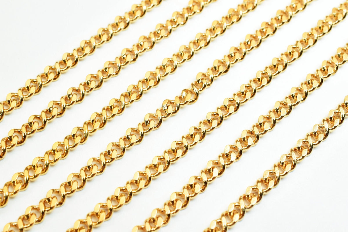 3mm Gold Plated Curb Chain: Electroplated Jewelry Making Supply, Tarnish Resistant Finish (18K Gold Filled Copper, Sold by Foot)