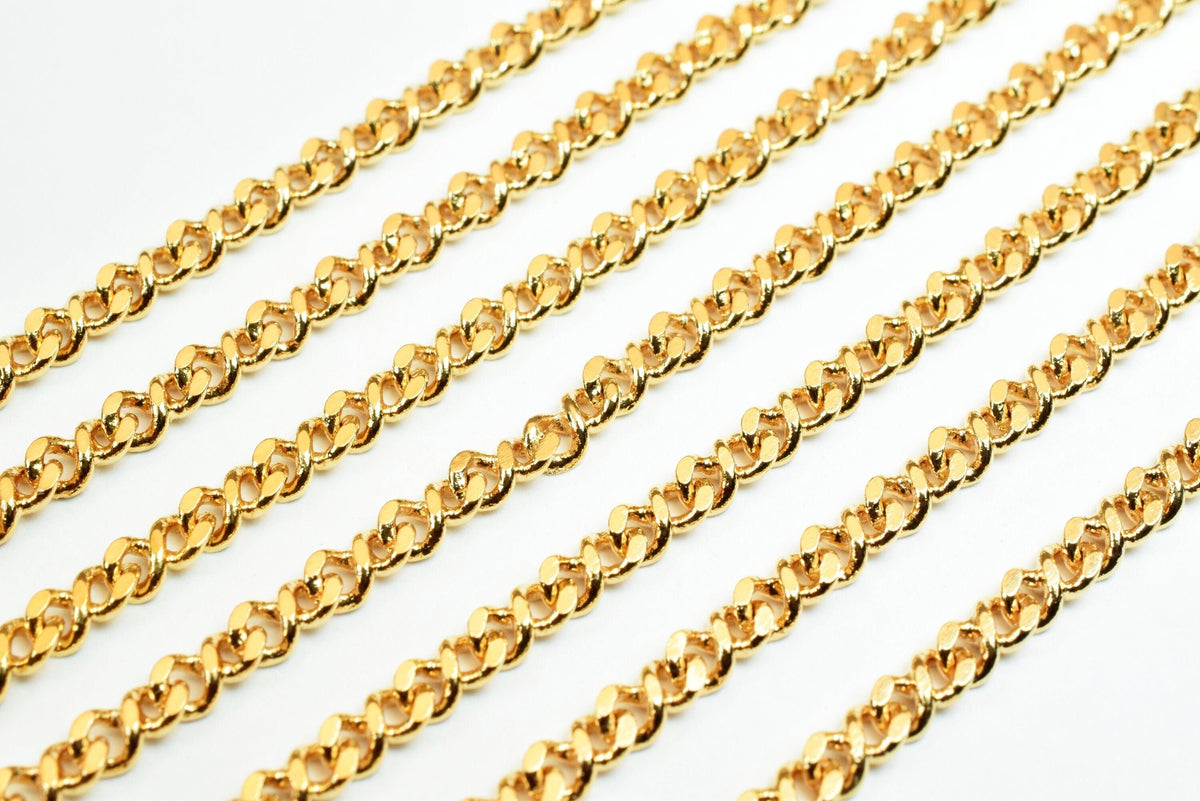 3mm Gold Plated Curb Chain: Electroplated Jewelry Making Supply, Tarnish Resistant Finish (18K Gold Filled Copper, Sold by Foot)