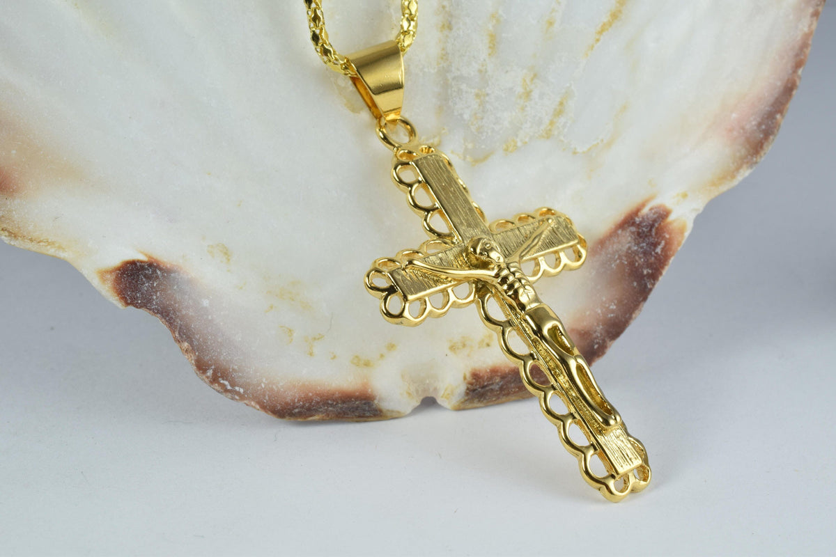 18K as as Gold Filled* tarnish resistant Cross Pendant Charm Jesus Size 50x30mm Christian Religious Cross For Jewelry Maki...