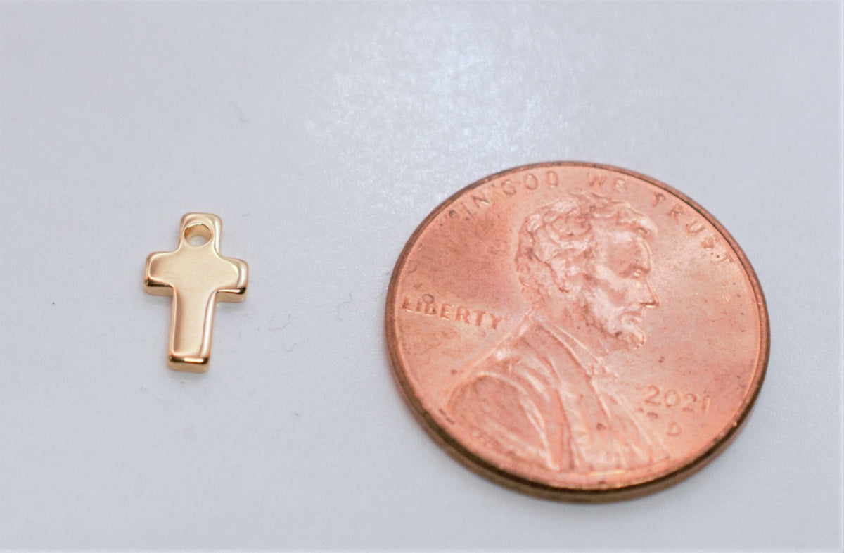 Dainty Cross Charm Pendant: 18K Gold Filled Look, Classic Faith Symbol - Cold Filled Metal, Micro Pave Beads, Size 14x5mm Bail