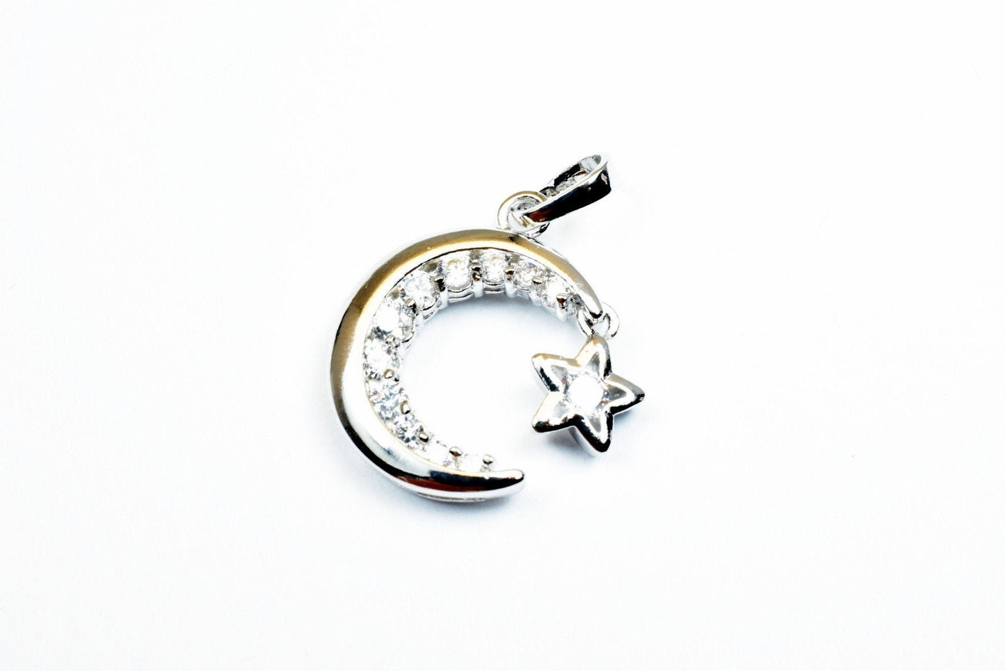 18K White Gold Filled Star Moon Pendant Charm With Cubic Zircon (CZ) Rhinestone Size 20x15mm Bling Bling Bohemian Finding...