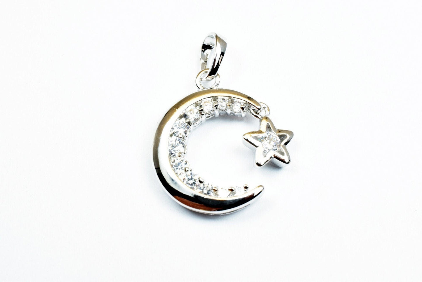 18K White Gold Filled Star Moon Pendant Charm With Cubic Zircon (CZ) Rhinestone Size 20x15mm Bling Bling Bohemian Finding...