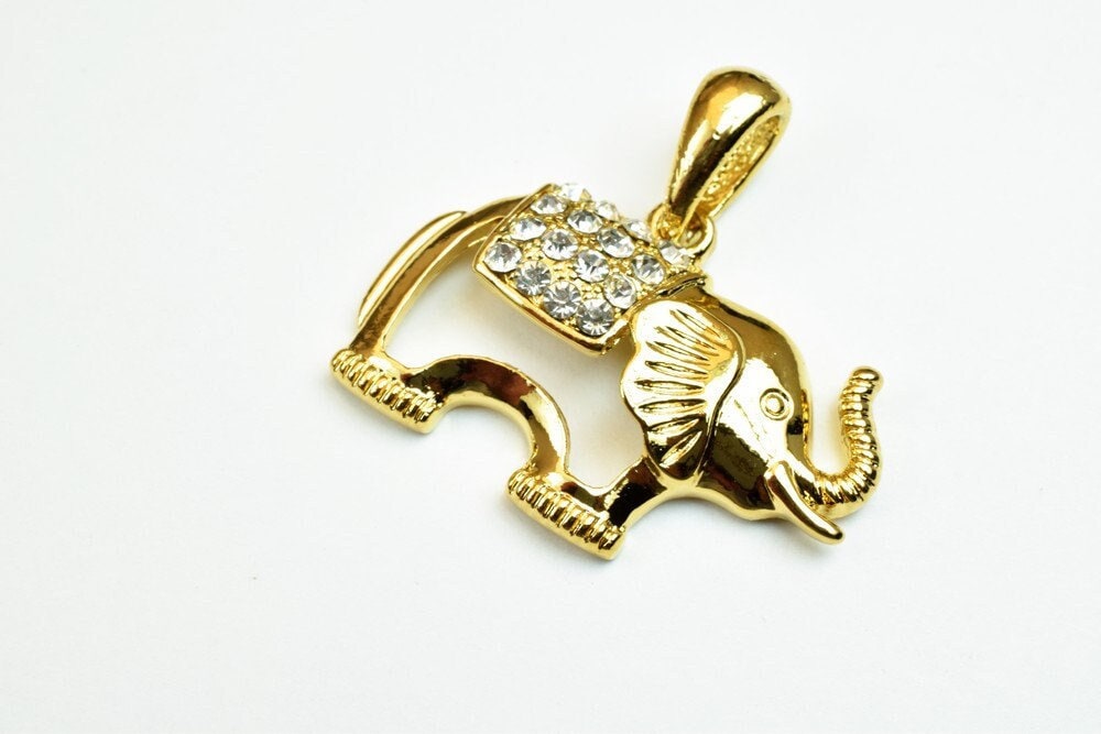 18K Gold Filled Elephant Charm Pendant, Clear Cubic Zirconia (22.5x32mm, Base Metal Copper, Durable Finish)