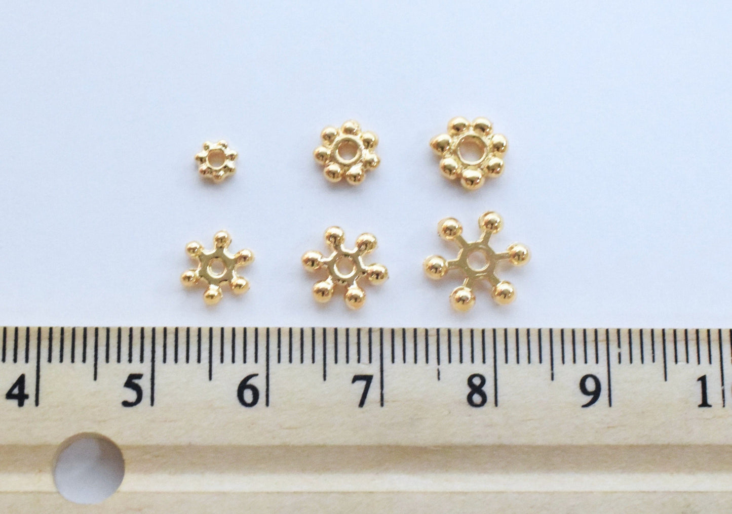 Daisy Flower Gold Filled Look Electroplated Copper Beads, Roundel Spacers (5-10mm Sizes, Tarnish Resistant, Jewelry Crafting)