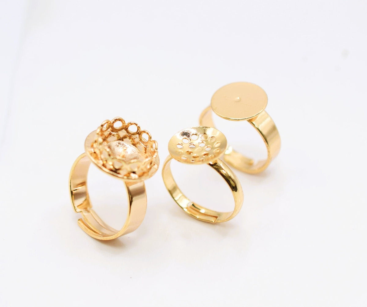 Adjustable Ring 18K Gold Filled Look,Findings Jewelry Plain Flat and with frame 3 PCs/ Pack Customize Personalize ring and...