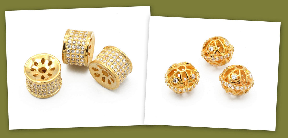Filigree Bead/Roundel/Spacer 18k Gold Filled Look,Micro Pave Findings with Clear CZ Cubic Zircon  Sale 3 PCs/PK for jewelr...