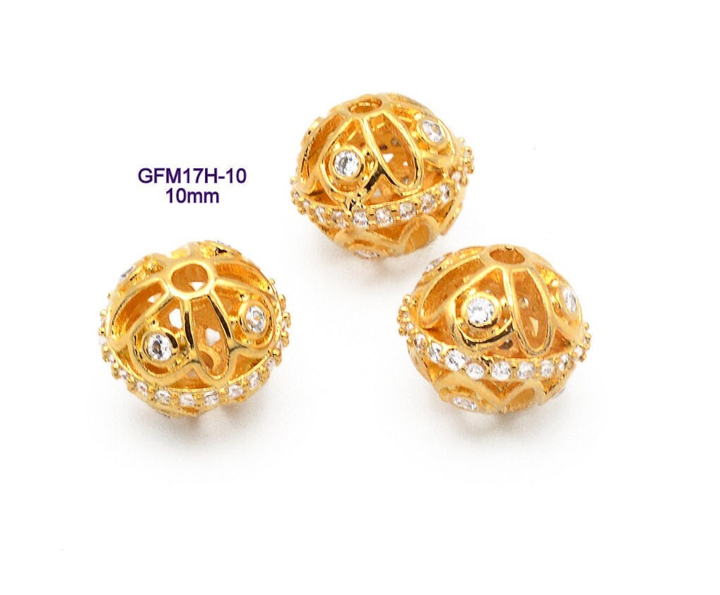 Filigree Bead/Roundel/Spacer 18k Gold Filled Look,Micro Pave Findings with Clear CZ Cubic Zircon  Sale 3 PCs/PK for jewelr...