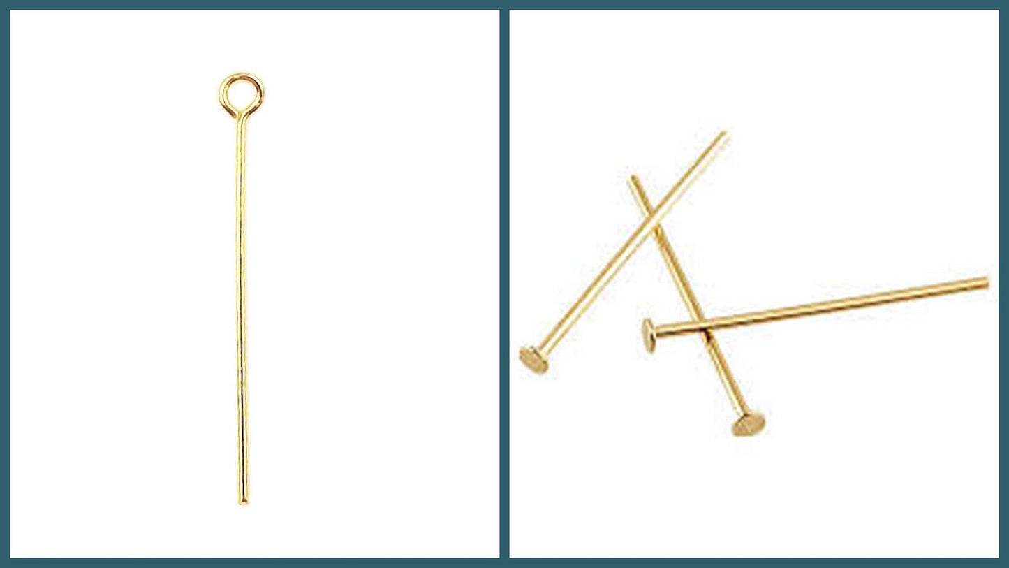 18K Gold Filled Look, Head Pin Flat Back 20mm/30mm/50mm and Eye Pin 16mm/40mm/50mm Findings for make Jewelry 10 PCs/Pack j...