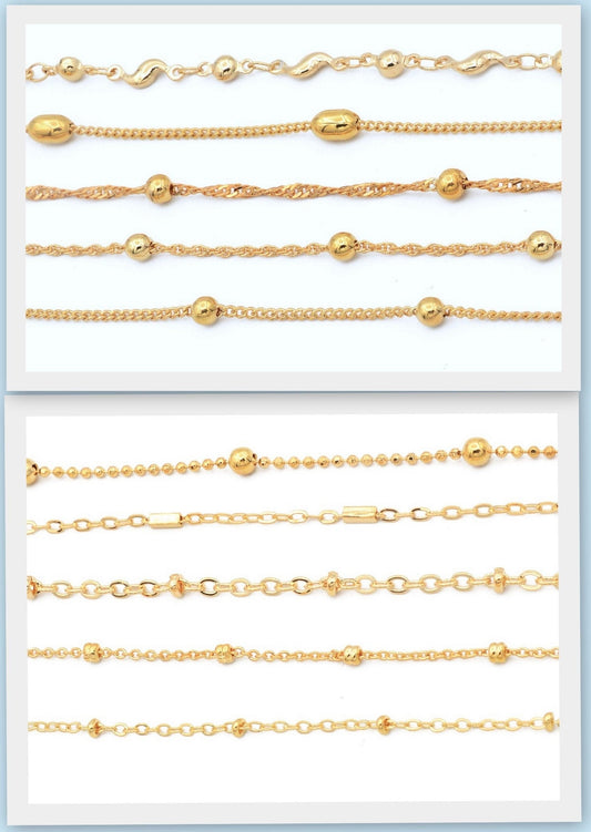 3 Feet 18K Gold Filled Look, Cable Chain Curb Cuban Flat With Oval Bead,  Satellite Chain customize necklace For Jewelry w...
